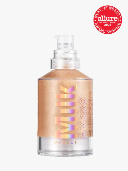 Milk Makeup Hydro Grip + Glow Primer with Hyaluronic Acid in branded component with best of beauty 2025 seal in the top right corner on a light gray background