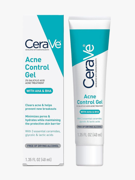 CeraVe Salicylic Acid Acne Control Gel white and turquoise tube and box on light gray background
